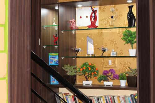 耶拉汉卡Arra Transit Bengaluru International Airport Hotel的书架,书架上放着盆栽植物和书