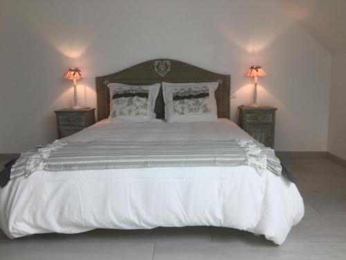 兰斯Le Clos des Roys的一间卧室配有一张带两盏灯的大型白色床。