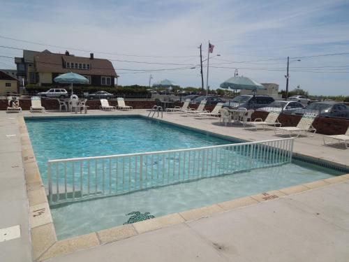 五月岬郡码头汽车旅馆的一个带椅子和遮阳伞的大型游泳池