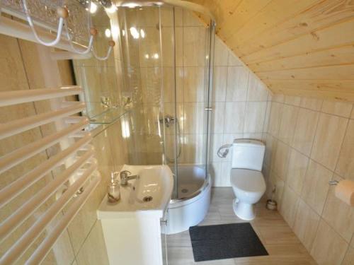 科尼亚库夫Domek nad Lasem的带淋浴、盥洗盆和卫生间的浴室