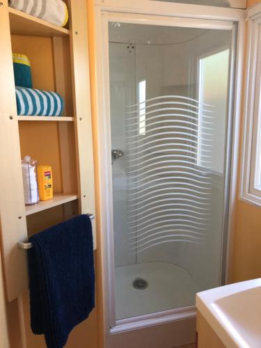 弗龙蒂尼昂FLAMANTS ROSES 3的浴室里设有玻璃门淋浴