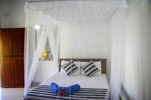 锡吉里亚Nice View Lodge的一间卧室配有天蓬床和蓝鞋