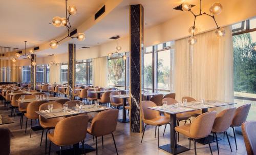提比里亚基内瑞特湖畔别墅酒店的餐厅设有桌椅和大窗户。