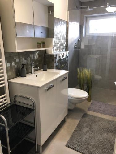 奥西耶克Apartment Park的浴室配有白色水槽和卫生间。
