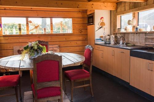 OeneDromen bij de boer的小屋内的厨房配有桌椅