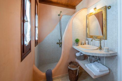 PachainaNiriides Studios的带淋浴、盥洗盆和镜子的浴室