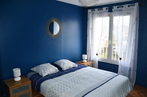 沙托鲁Appartement Le Grand Parc的蓝色的卧室设有床和窗户