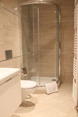 布拉格H+ Apartman Letiště Praha的带淋浴、卫生间和盥洗盆的浴室