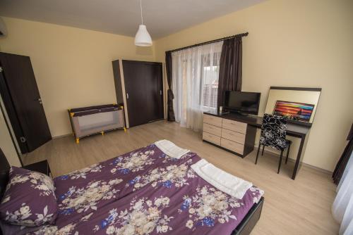 VakarelVakarel Residence的一间卧室配有一张床、一张书桌和一台电视