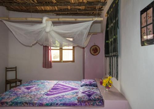 Diakène OuolofCampement île d'Egueye的一间卧室配有一张带天蓬和窗户的床