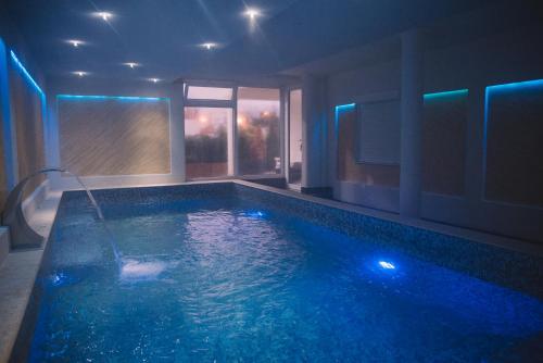 乌尔齐尼Petriti & Spa的客房内的大型游泳池配有蓝色的灯光