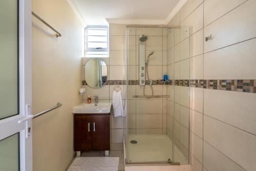 梅森堡Pro Moni's Guesthouse的带淋浴和盥洗盆的浴室