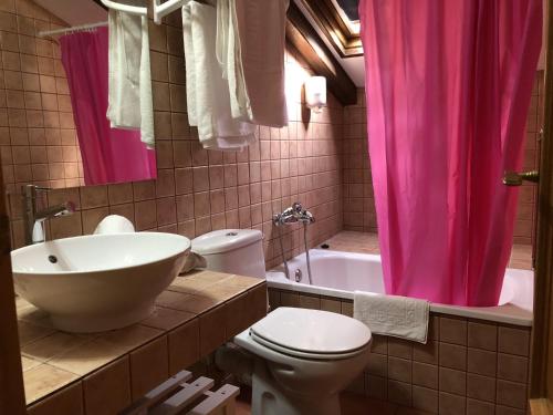 维拉诺瓦Hotel Apartamentos Barrau的一间带粉红色淋浴帘和卫生间的浴室