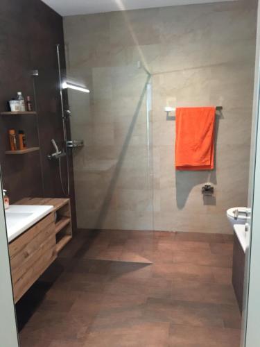 布里格Brig City Garden Apartment的带淋浴和橙色毛巾的浴室