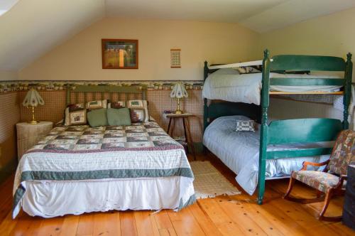 萨默赛德Bugaboo Cottages的一间卧室配有两张双层床和椅子