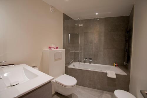 采尔马特艾米琳别墅酒店爱米莉公寓的带浴缸、卫生间和盥洗盆的浴室