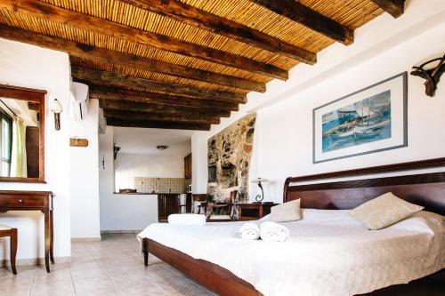 MaltezanaAkrotiri的一间卧室设有一张带木制天花板的大床