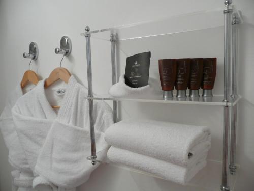 坎普-博尔恩霍芬Hotel Garni Rheinpracht的浴室内带毛巾的毛巾架