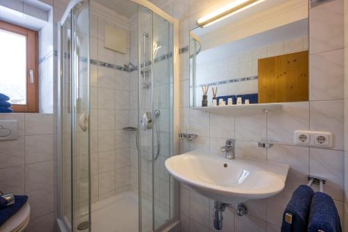 蒂罗尔州圣约翰Appartement Steinbock的一间带水槽和淋浴的浴室