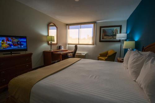 庞塞Caribe Hotel Ponce的一间酒店客房,配有一张大床和一台平面电视