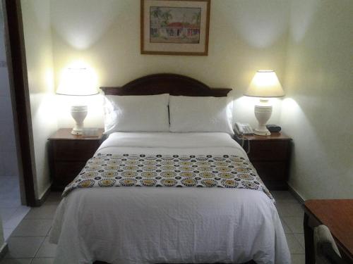 圣多明各微公寓套房酒店的一张位于酒店客房的床位,配有两盏灯