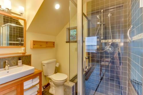 Port LudlowThe Cabin at Oak Bay的带淋浴、卫生间和盥洗盆的浴室