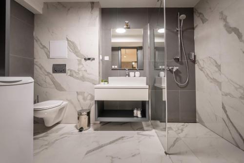 诺维斯莫克维克Apartman Smokovec的带淋浴、盥洗盆和卫生间的浴室