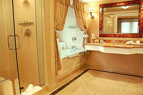 格林威治德勒马格林威治哈勃尔酒店的带淋浴、盥洗盆和镜子的浴室