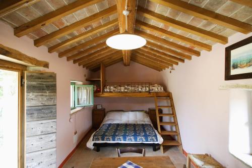 CerbaioloI Poggi di Belvedere的一间带一张床的卧室,位于带木制天花板的房间内