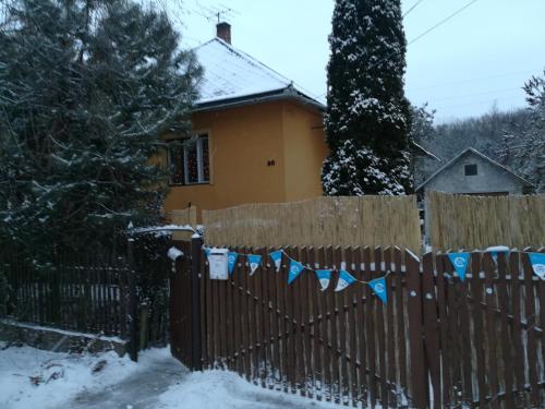 泰尔基巴尼奥Tóth Apartman的雪中房子前面的围栏