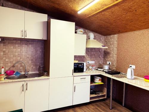 乌日霍罗德Hostel Gulliver的厨房配有白色橱柜和水槽