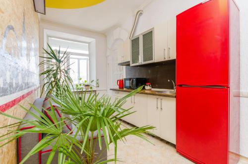 基辅Хостел 17的植物厨房里的红色冰箱
