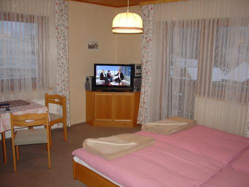 斯拉德明迪卡哈德特兰德豪斯酒店的一间卧室配有一张床、一台电视和一张桌子