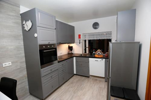 格仑达积图海洱纳菲儿公寓的厨房配有灰色橱柜和不锈钢冰箱