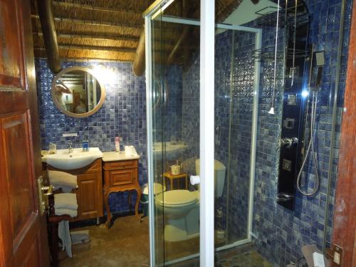 科玛蒂普特特瑞斯图旅馆的带淋浴、卫生间和盥洗盆的浴室