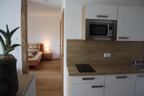海格-安豪斯奥克Bed & Breakfast的带微波炉的厨房和客厅。