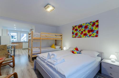 杜什尼基-兹德鲁伊Apartament "Rodzinny zakątek"的一间卧室配有两张床和一张双层床。