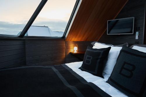 基尔匹斯扎我维Arctic Land Adventure Glass Igloos的一间卧室设有一张床和一个带电视的窗户。