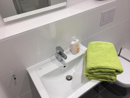 慕尼黑Munich Apartment的浴室水槽顶部的绿毛巾