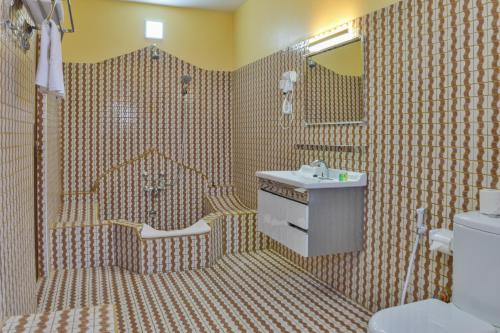 桑给巴尔Tembo B&B Apartments的一间带水槽、卫生间和镜子的浴室