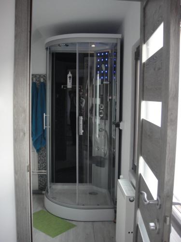 莱斯诺夫Rasnov Retreat的浴室里设有玻璃门淋浴