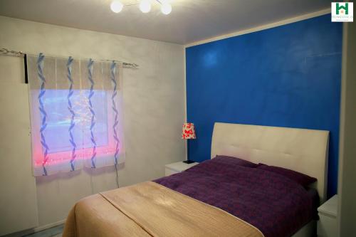 雷扎尔菲厄泽雷达夫尤都公寓的一间卧室设有一张床和蓝色的墙壁