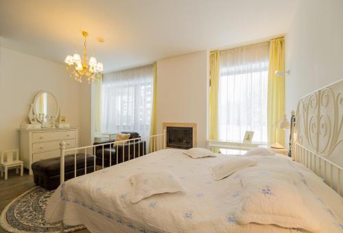 波亚纳布拉索夫Charming 3-Bedroom Apartment的一间卧室配有一张大床和一个吊灯。