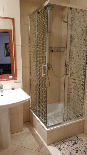 米兹多洛杰Apartament Maria的带淋浴和盥洗盆的浴室