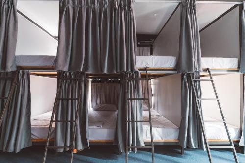 坎布里Laika Hostel的配有窗帘的客房内的一组双层床