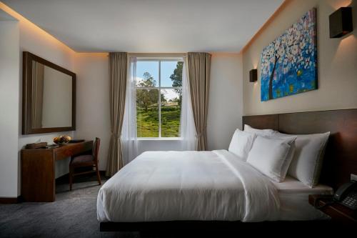 努沃勒埃利耶Galway Heights Hotel的酒店客房设有床和窗户。