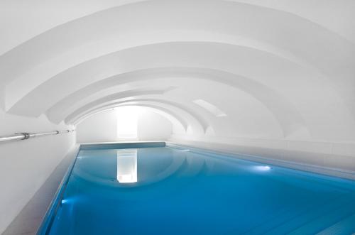 马斯特里赫特Zenden Hotel Maastricht的蓝色水隧道内的游泳池