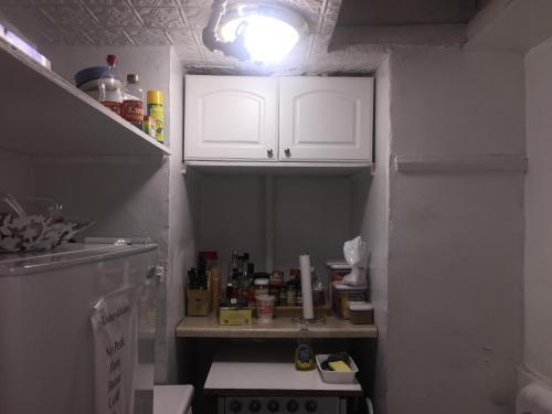 布鲁克林光照住宿加早餐旅馆的小厨房配有白色橱柜和冰箱。