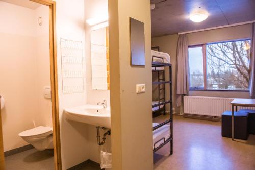 雷克雅未克Dalur - HI Eco Hostel的一间带水槽和卫生间的浴室以及一张双层床。