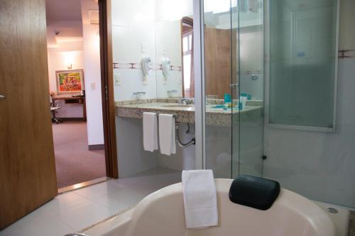恩卡纳西翁De la Trinidad Hotel的带浴缸、淋浴和盥洗盆的浴室